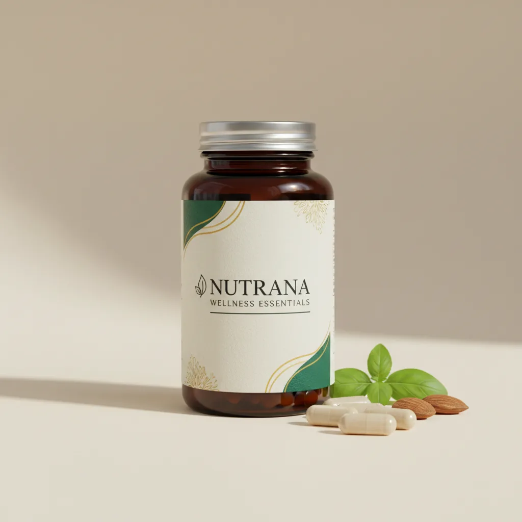 Nutrana Wellness Essentials witte apothekersfles met groene accenten en ingrediënten